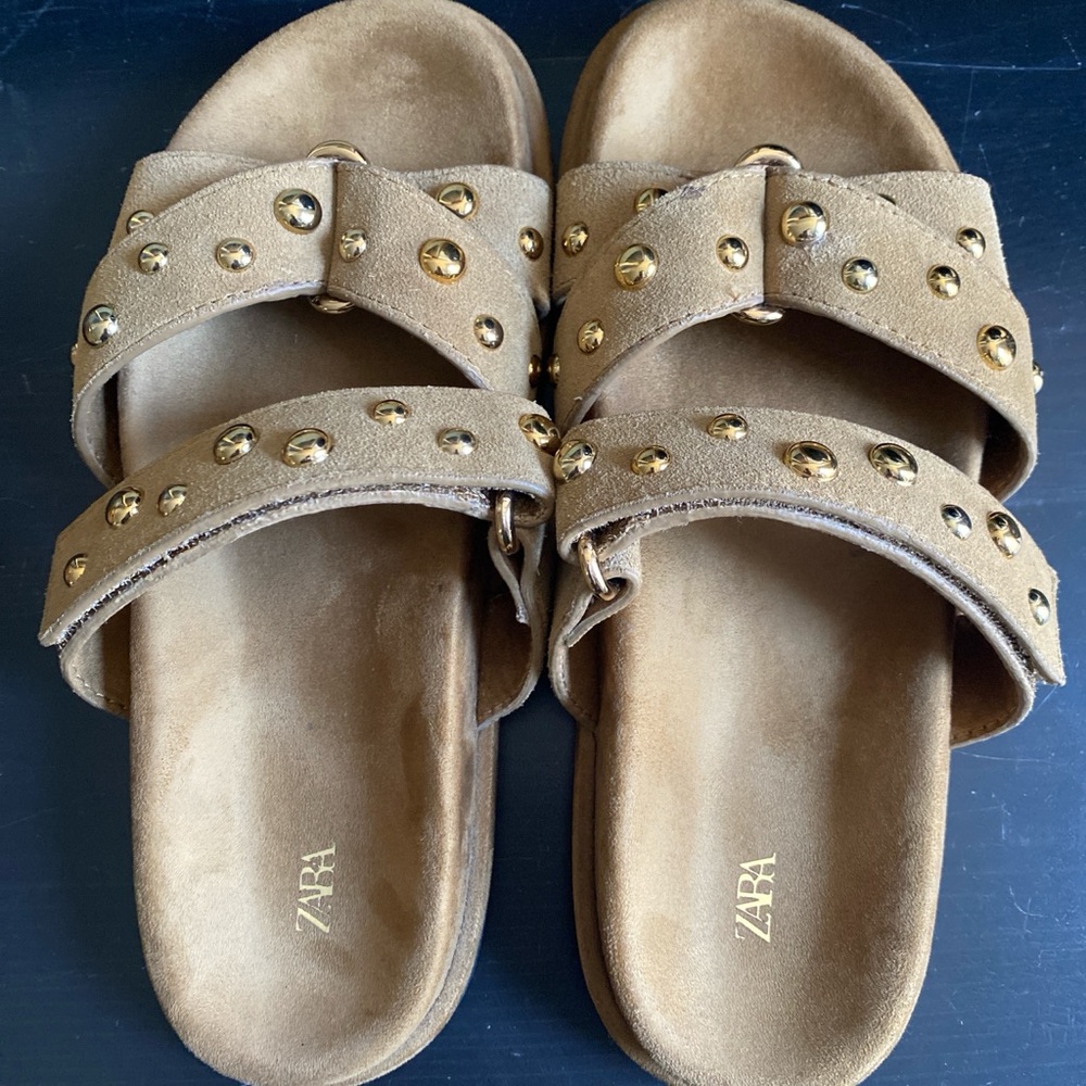 Zara Tan Suede Slide Sandals with Gold Studs - Picture 2 of 4